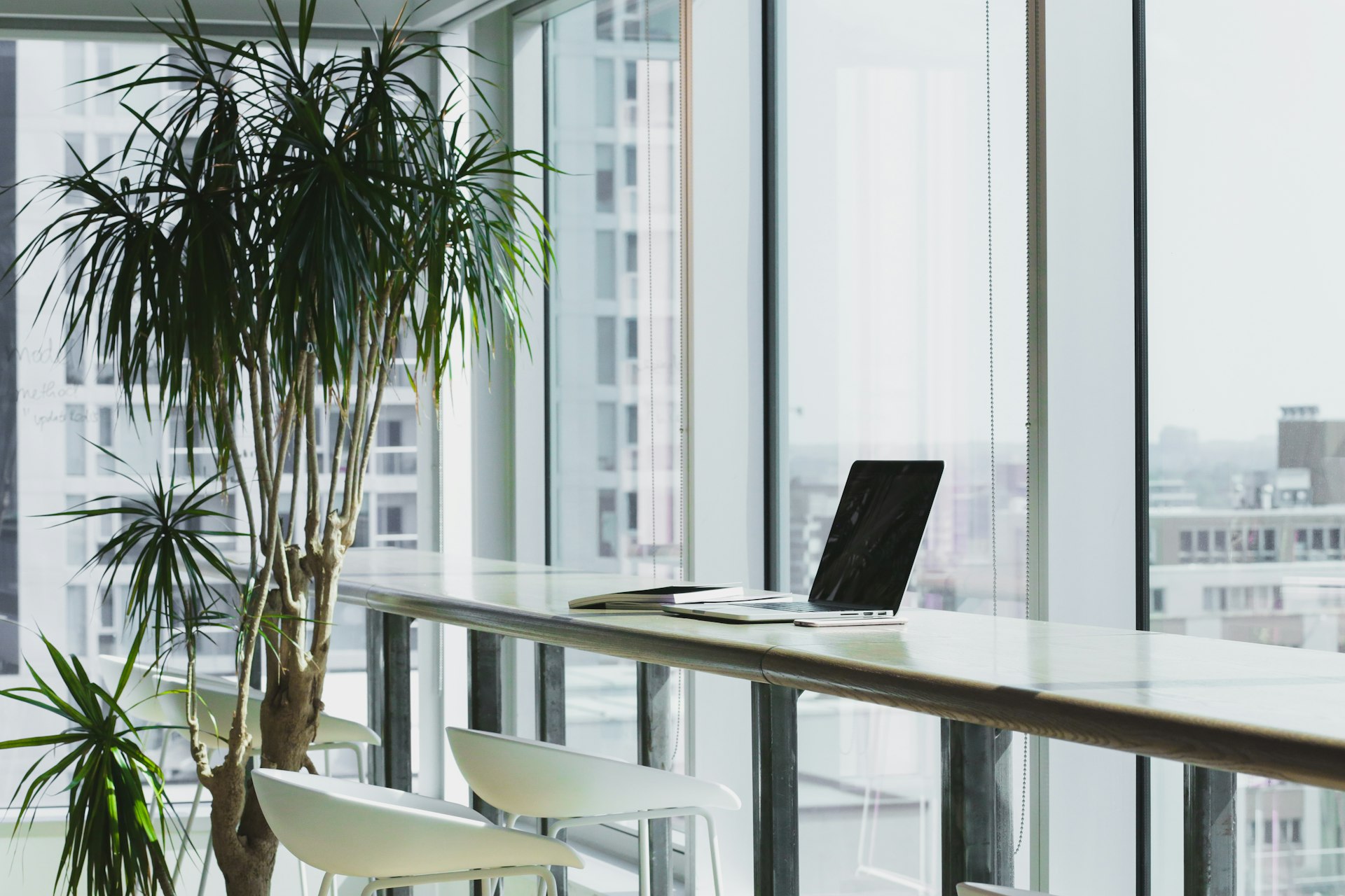 Modern office workspace with lamp and computer